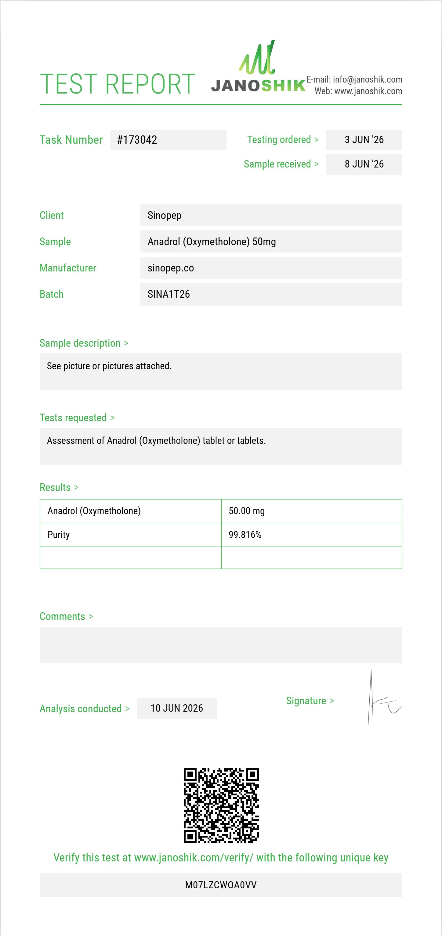 Anadrol (Oxymetholone) Purity (HPLC) report by Janoshik Analytical