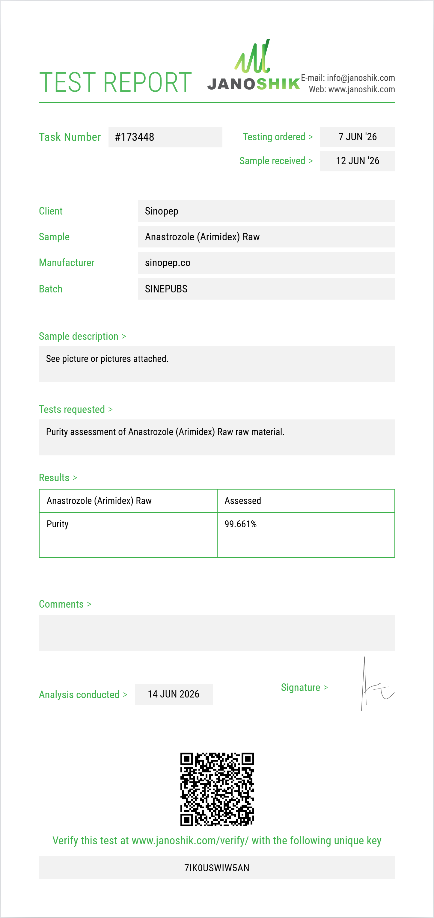 Anastrozole (Arimidex) Raw Purity (HPLC) report by Janoshik Analytical