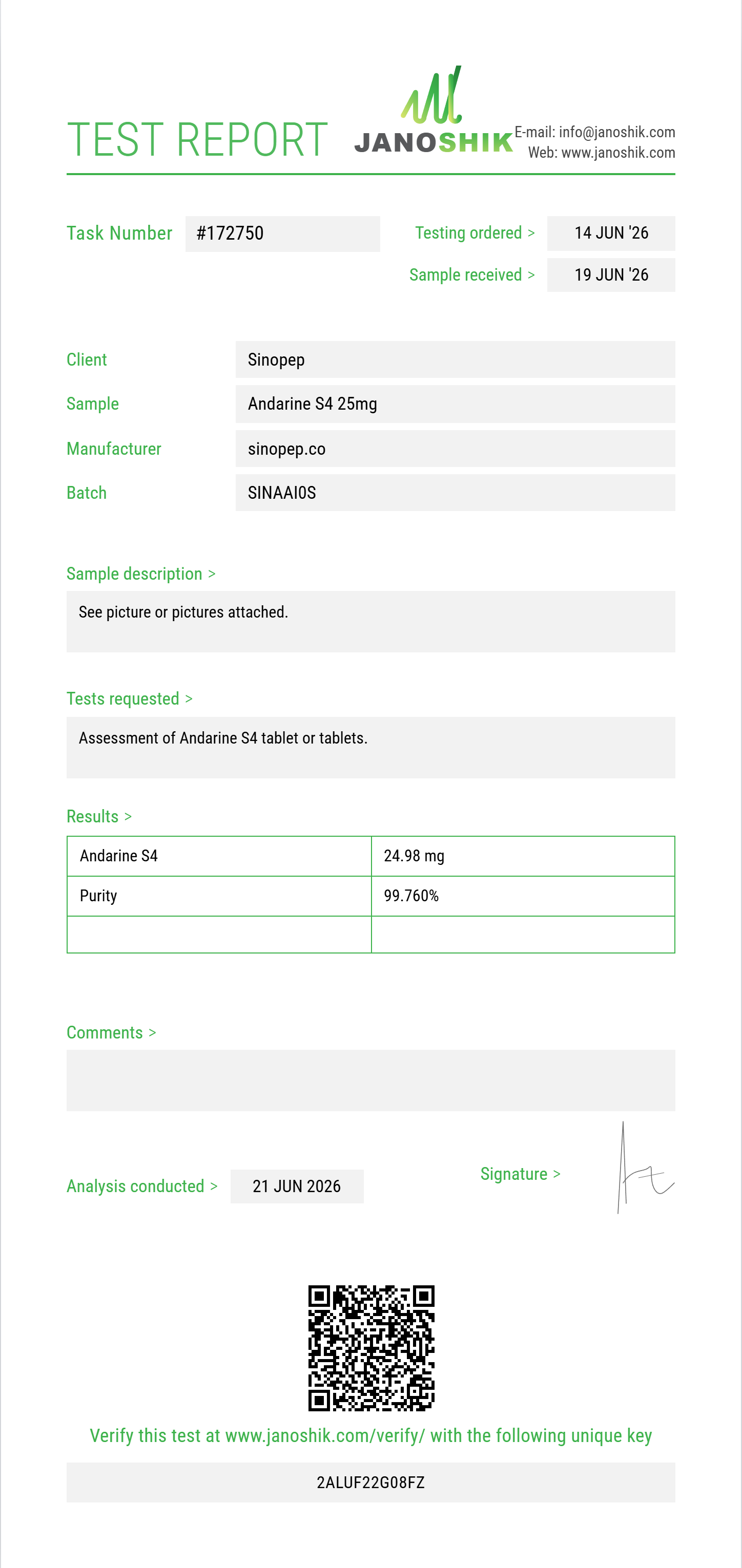 Andarine S4 Purity (HPLC) report by Janoshik Analytical