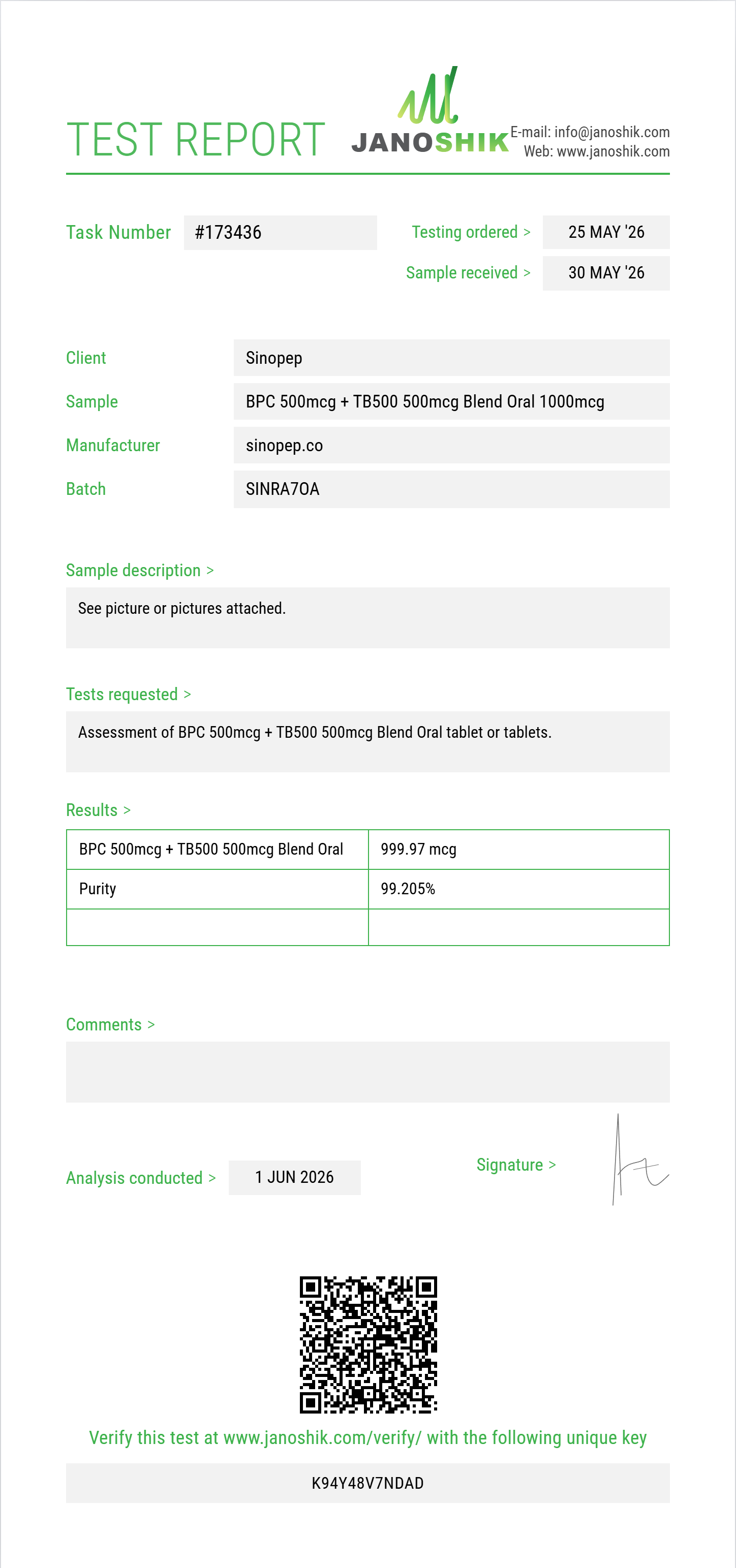 BPC 500mcg + TB500 500mcg Blend Oral Purity (HPLC) report by Janoshik Analytical