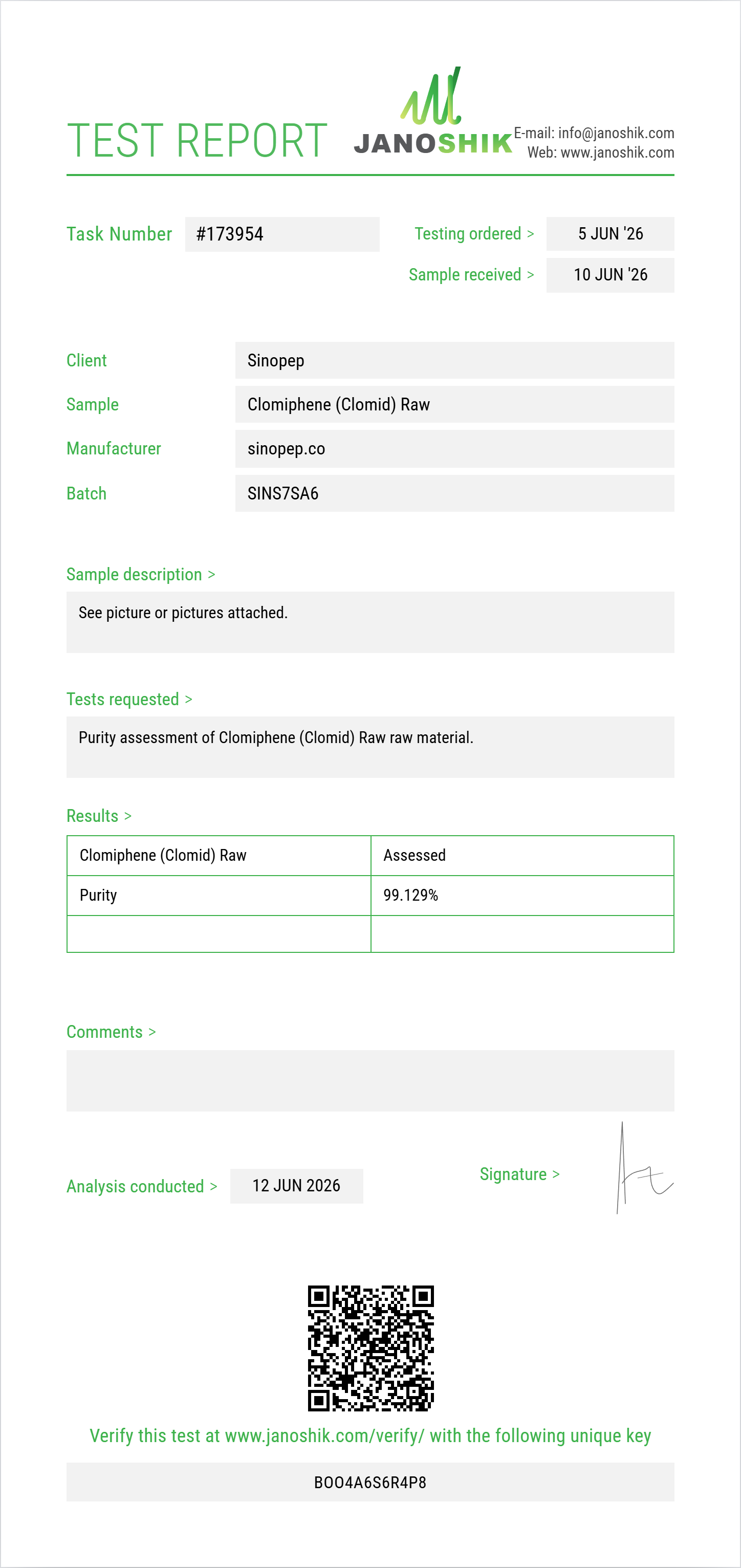 Clomiphene (Clomid) Raw Purity (HPLC) report by Janoshik Analytical