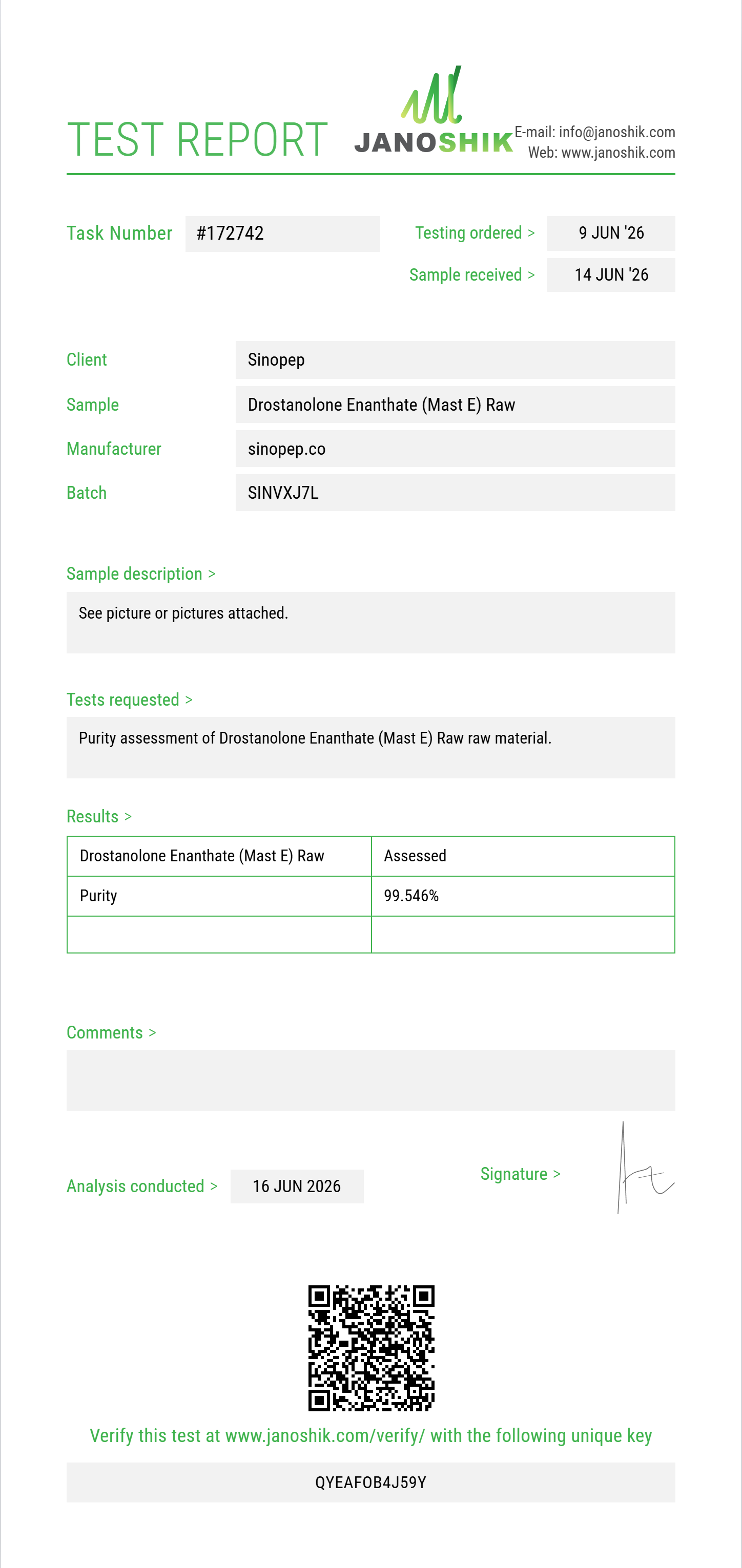 Drostanolone Enanthate (Mast E) Raw Purity (HPLC) report by Janoshik Analytical