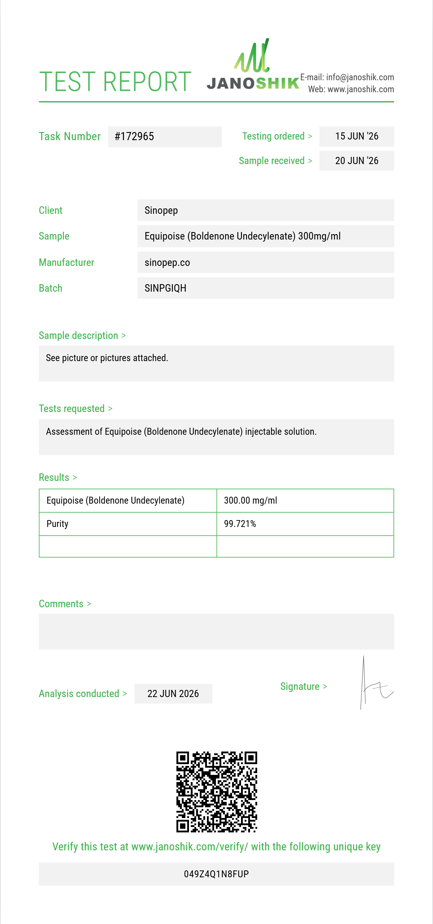 Equipoise (Boldenone Undecylenate) Purity (HPLC) report by Janoshik Analytical