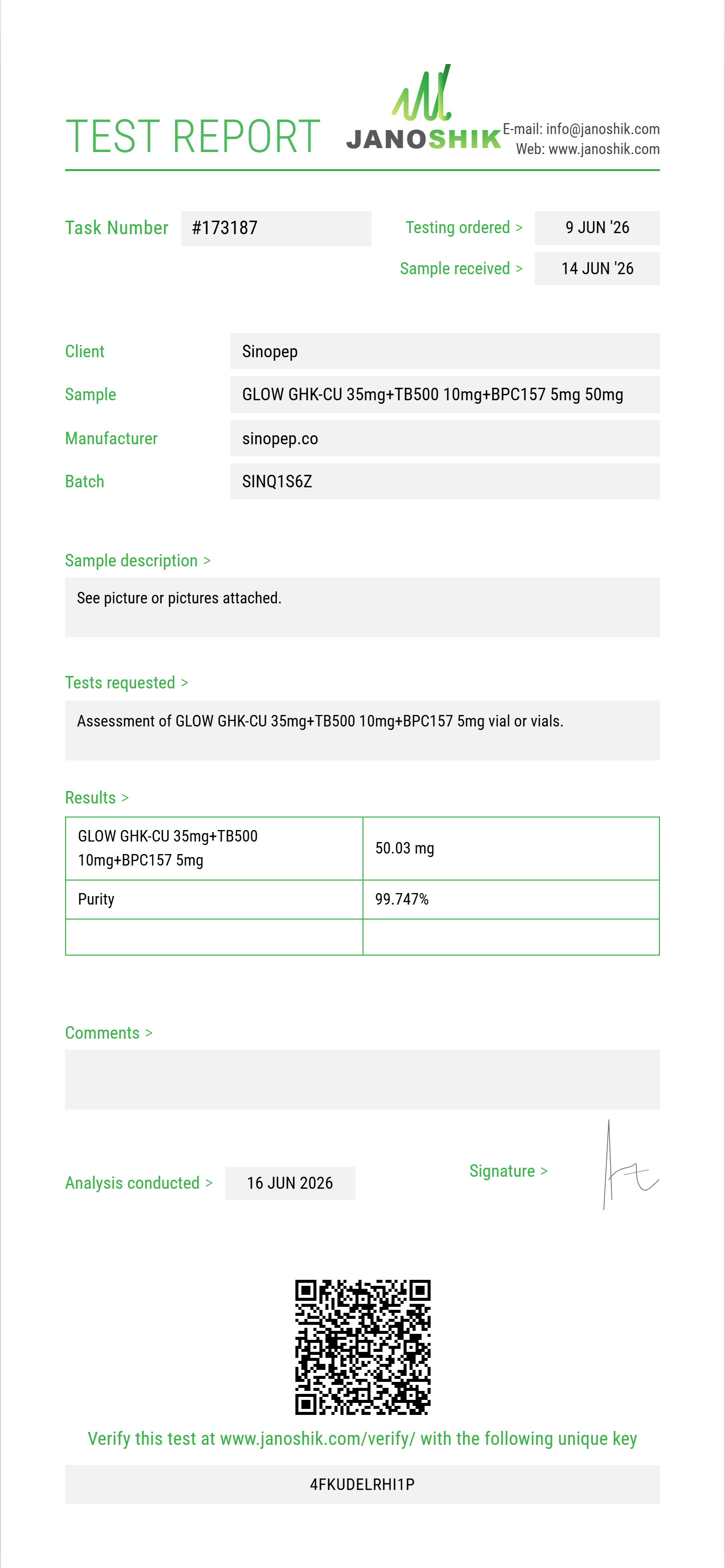 GLOW GHK-CU 35mg+TB500 10mg+BPC157 5mg Purity (HPLC) report by Janoshik Analytical