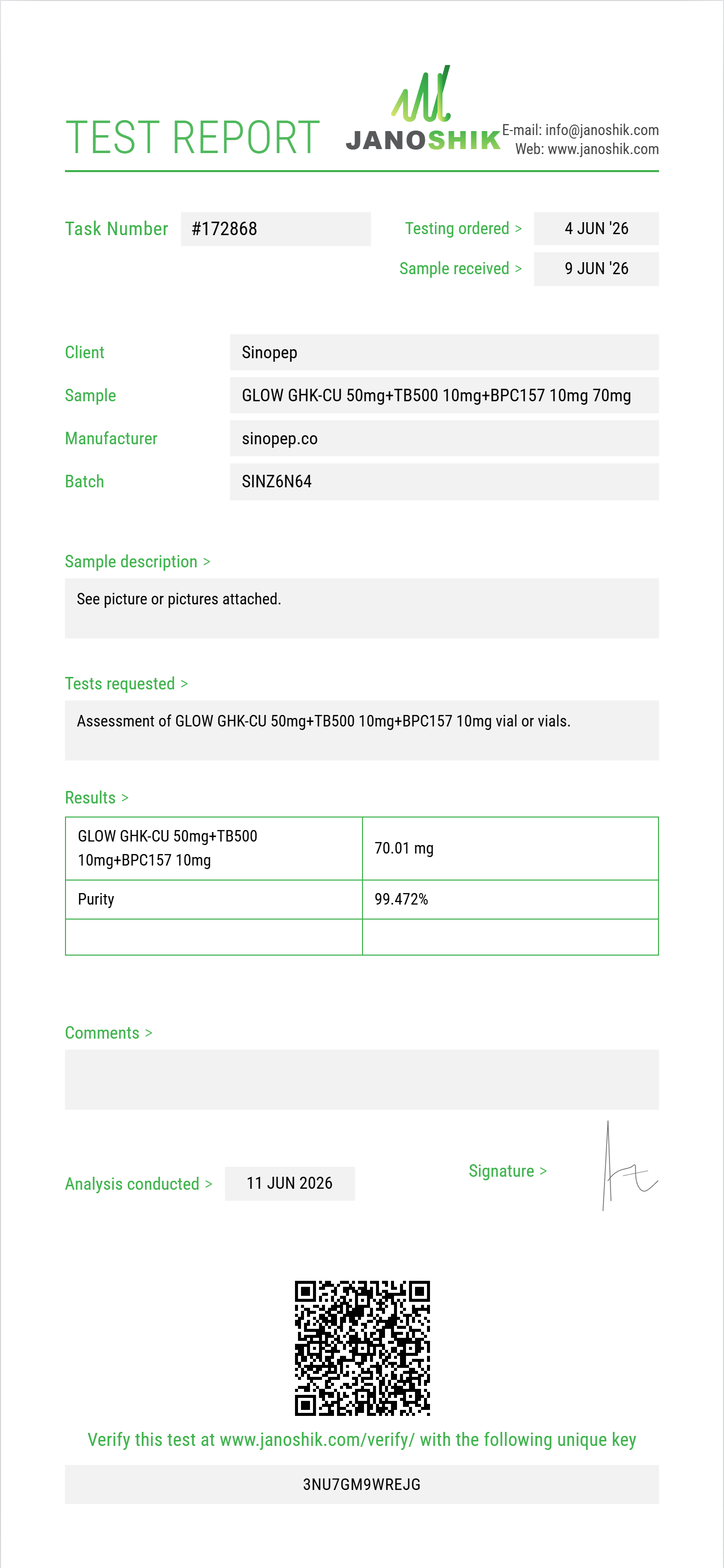 GLOW GHK-CU 50mg+TB500 10mg+BPC157 10mg Purity (HPLC) report by Janoshik Analytical