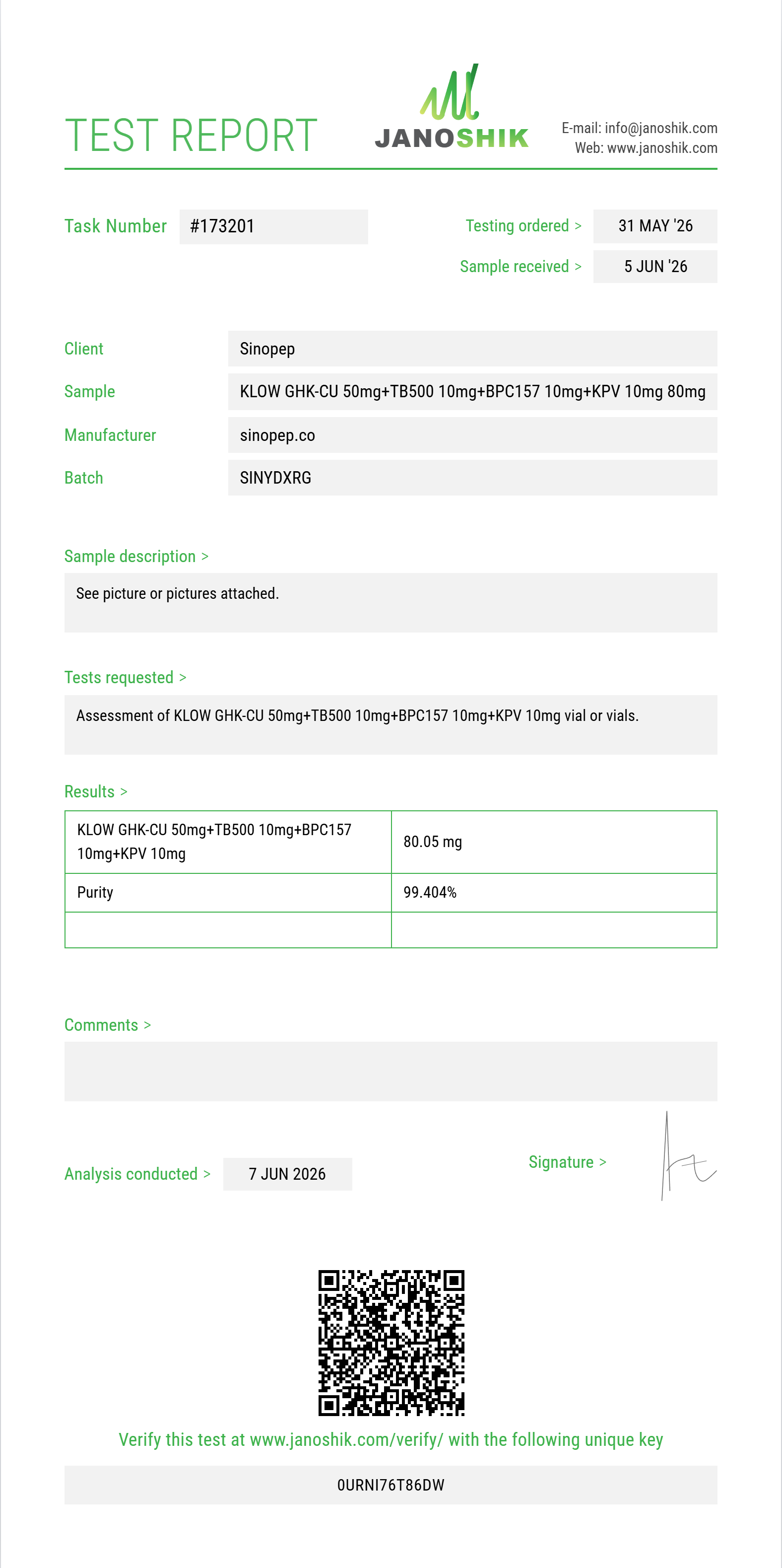 KLOW GHK-CU 50mg+TB500 10mg+BPC157 10mg+KPV 10mg Purity (HPLC) report by Janoshik Analytical