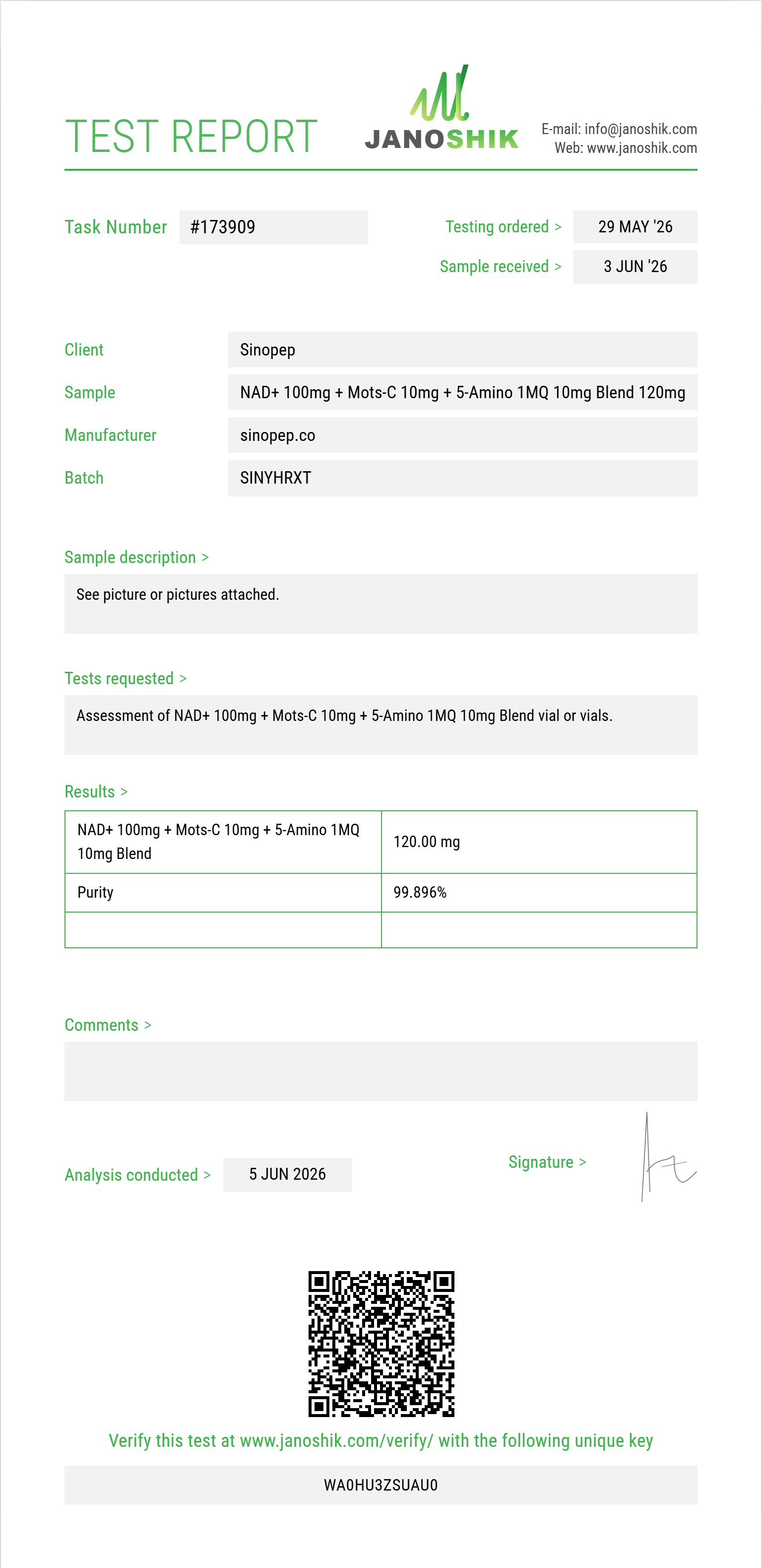 NAD+ 100mg + Mots-C 10mg + 5-Amino 1MQ 10mg Blend Purity (HPLC) report by Janoshik Analytical