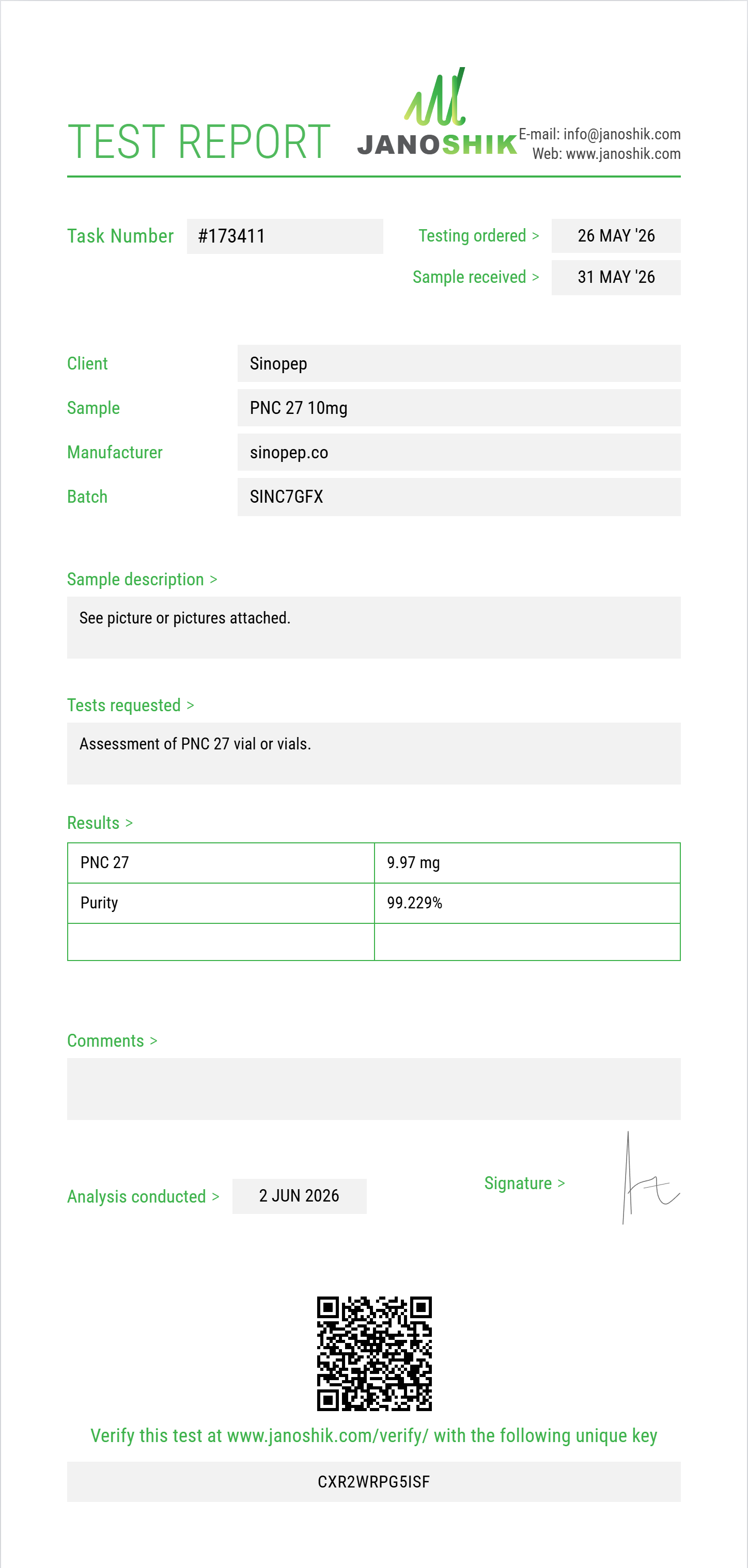 PNC 27 Purity (HPLC) report by Janoshik Analytical