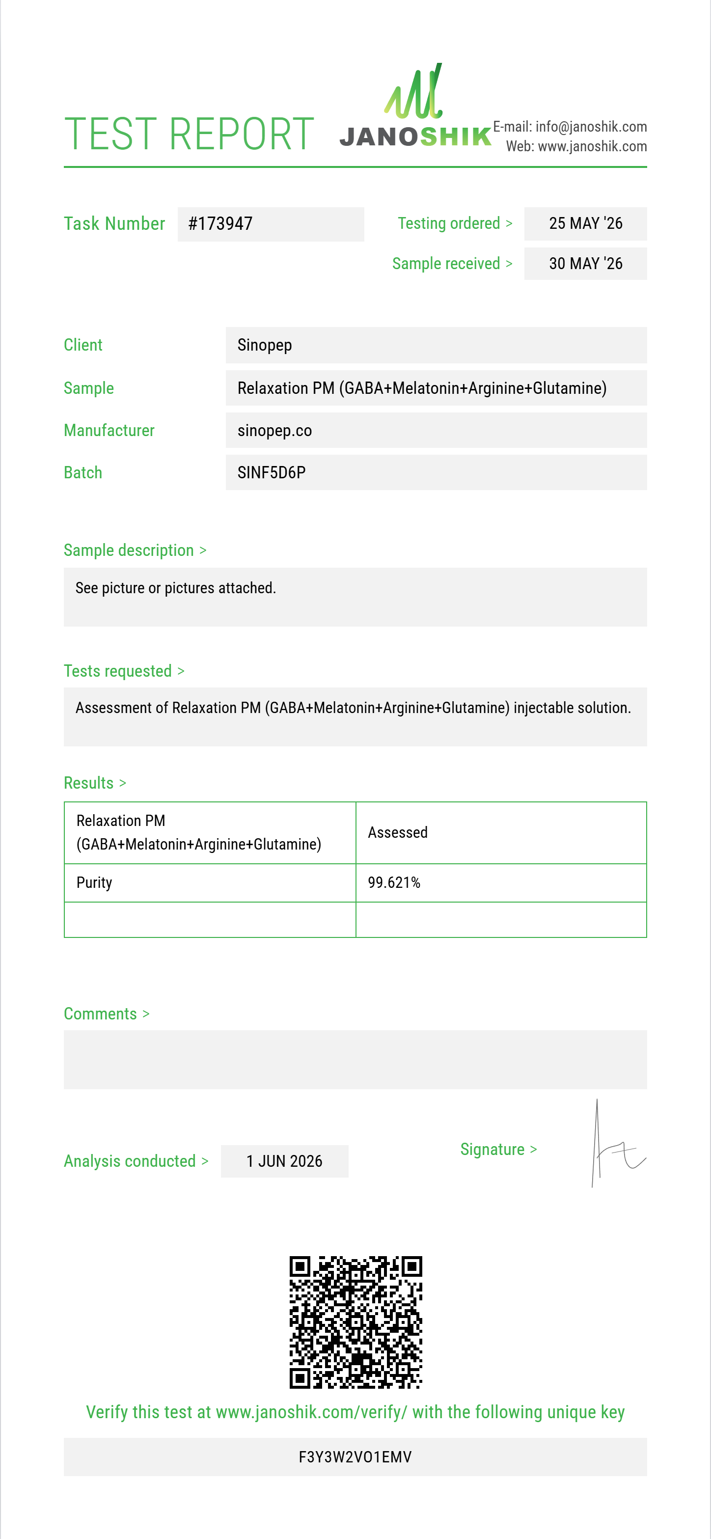 Relaxation PM (GABA 100mg+Melatonin 1mg+Arginine 100mg+Glutamine 25mg) Purity (HPLC) report by Janoshik Analytical