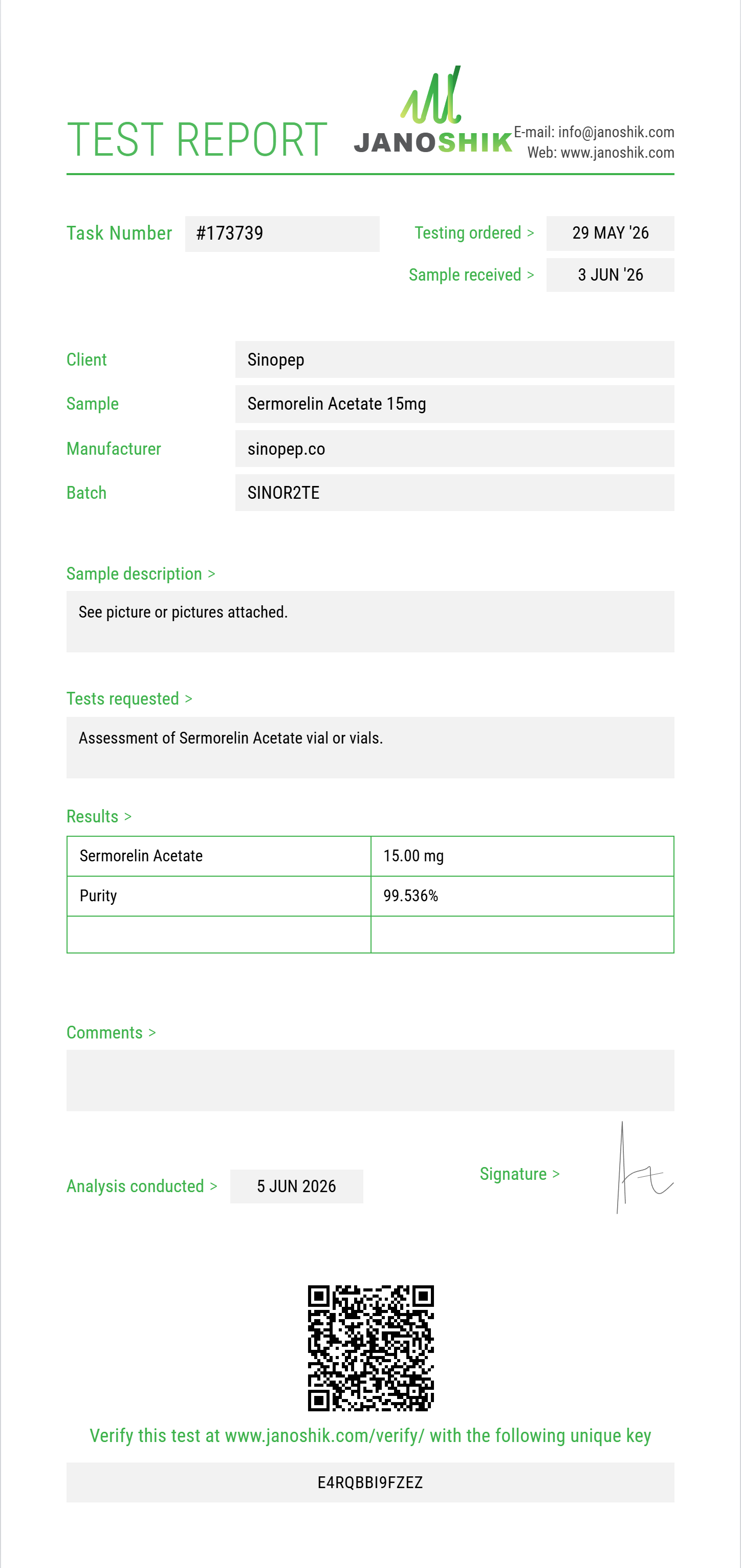Sermorelin Acetate Purity (HPLC) report by Janoshik Analytical
