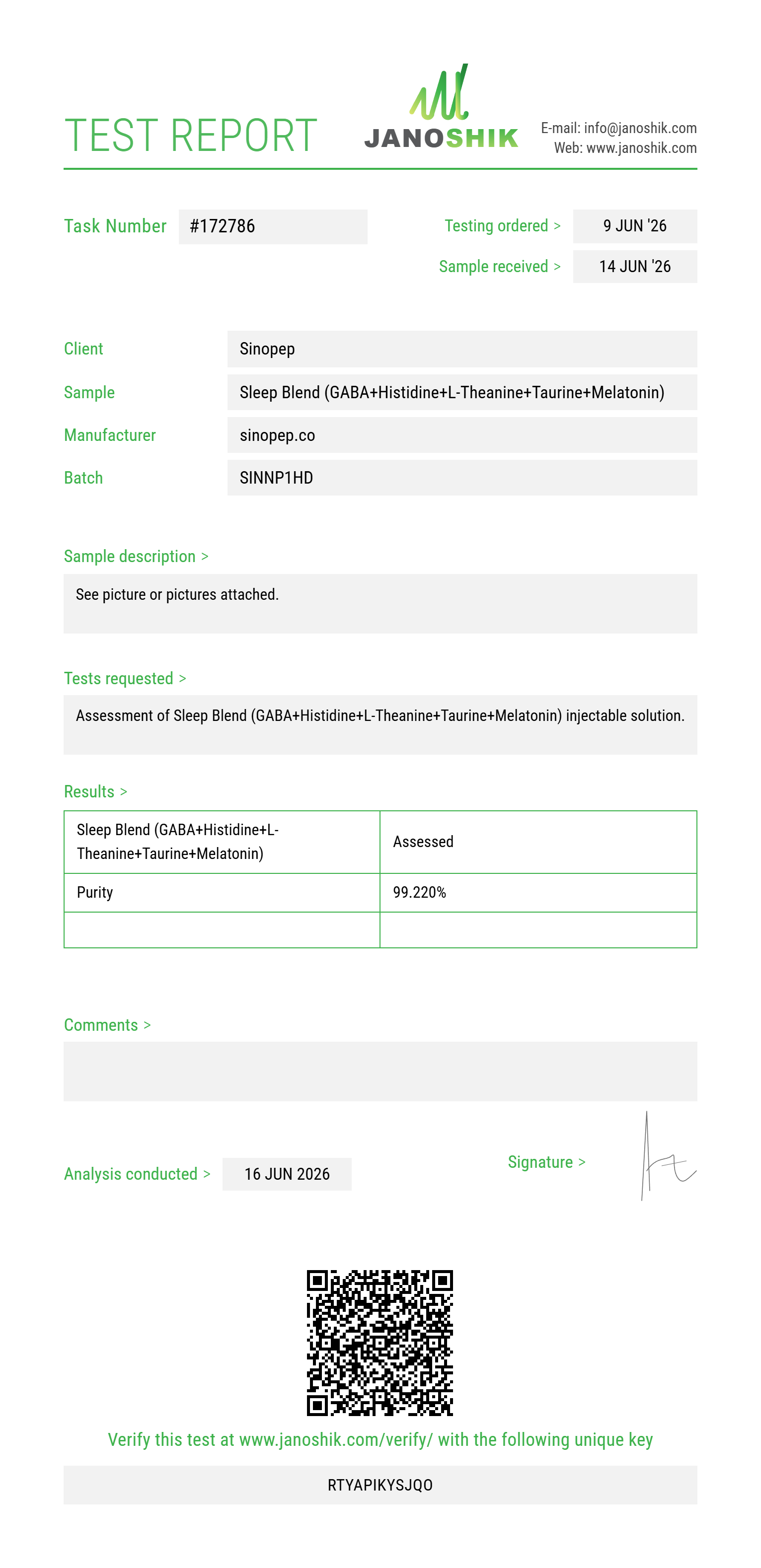 Sleep Blend (GABA 100mg+Histidine 100mg+L-Theanine 50mg+Taurine 100mg+Melatonin 2mg) Purity (HPLC) report by Janoshik Analytical