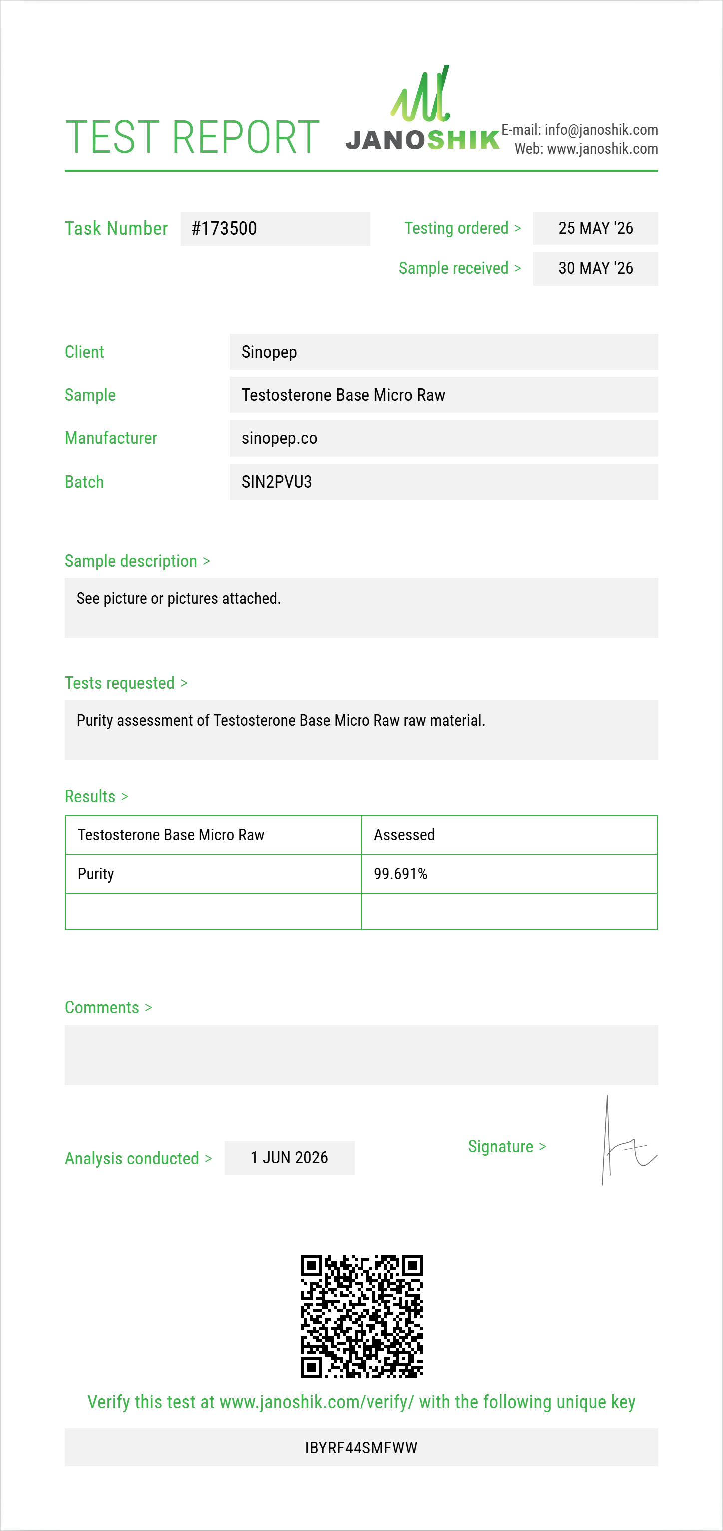 Testosterone Base Micro Raw Purity (HPLC) report by Janoshik Analytical