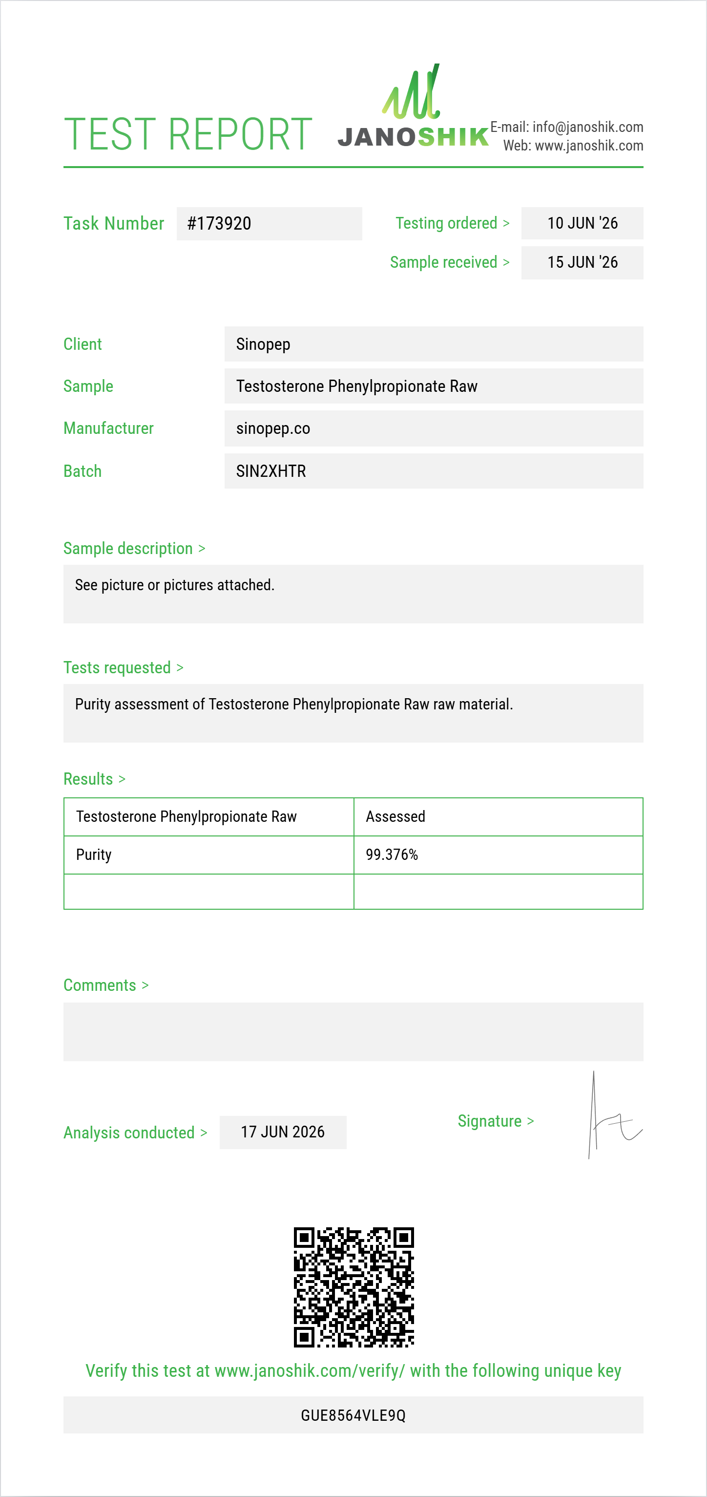 Testosterone Phenylpropionate Raw Purity (HPLC) report by Janoshik Analytical