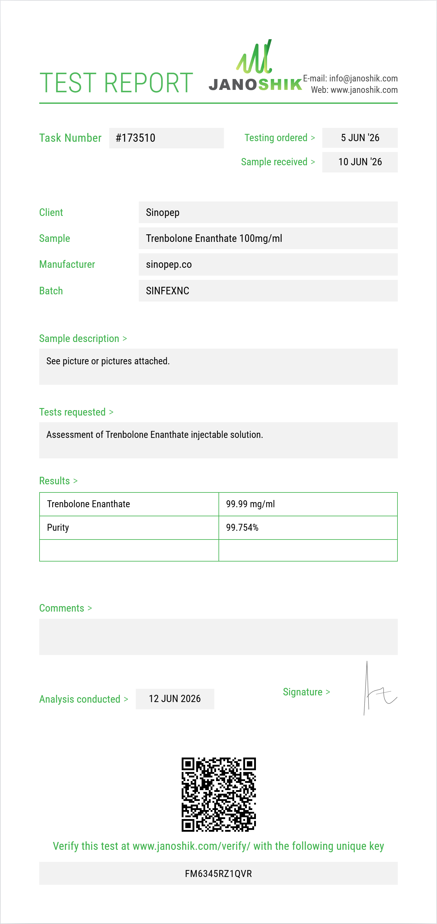 Trenbolone Enanthate Purity (HPLC) report by Janoshik Analytical