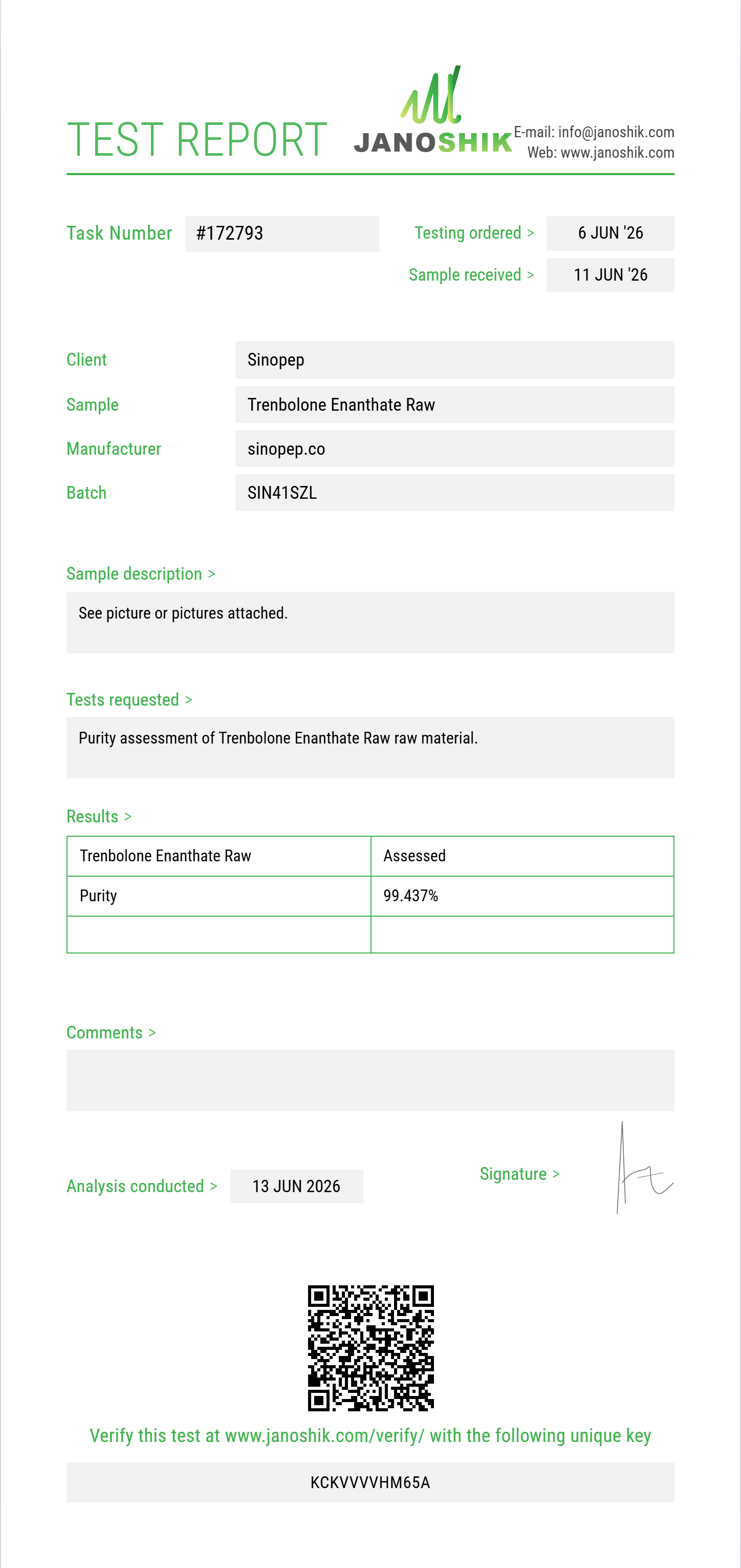 Trenbolone Enanthate Raw Purity (HPLC) report by Janoshik Analytical
