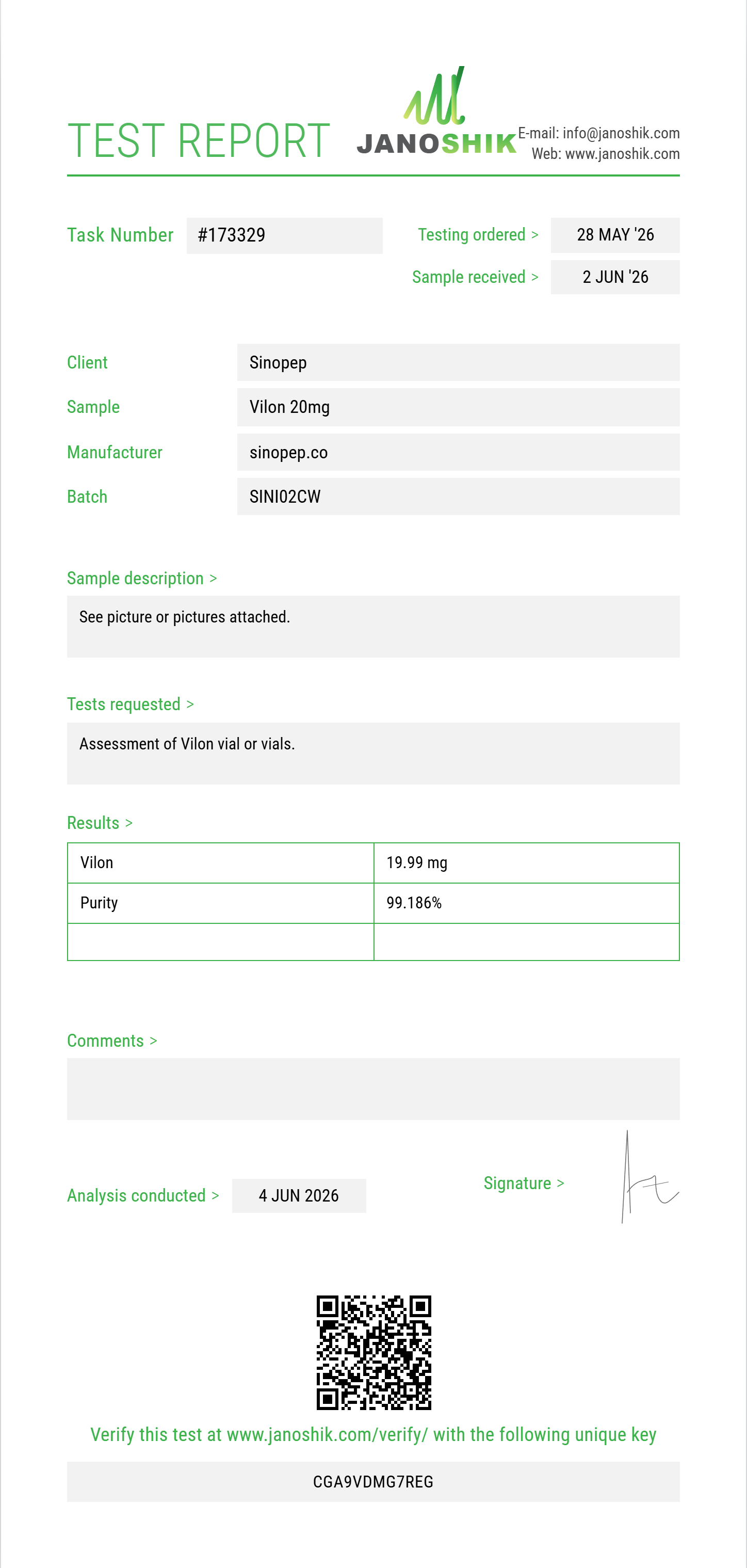 Vilon Purity (HPLC) report by Janoshik Analytical