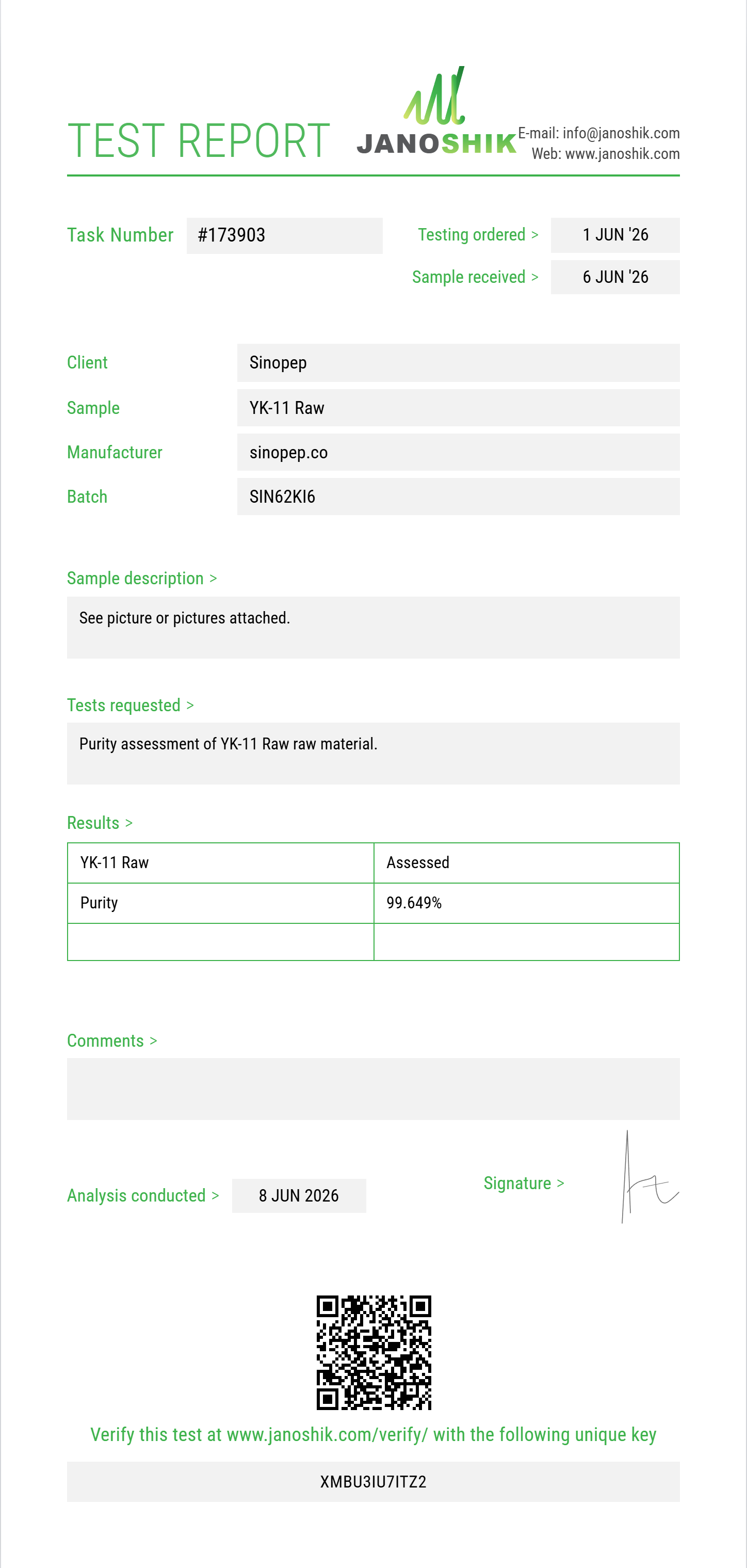 YK-11 Raw Purity (HPLC) report by Janoshik Analytical