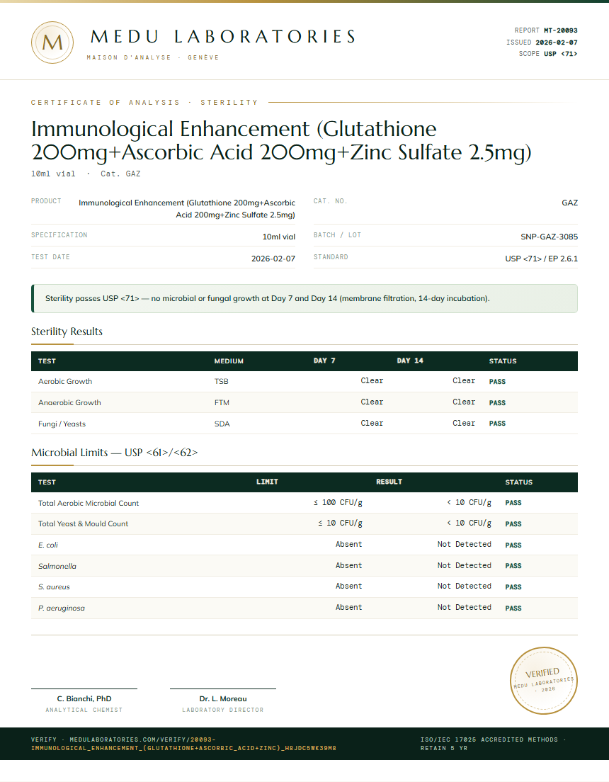 Immunological Enhancement (Glutathione 200mg+Ascorbic Acid 200mg+Zinc Sulfate 2.5mg) Sterility report by Medu Laboratories