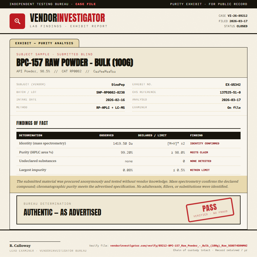 BPC-157 Raw Powder - Bulk (100g) Purity (HPLC) report by VendorInvestigator