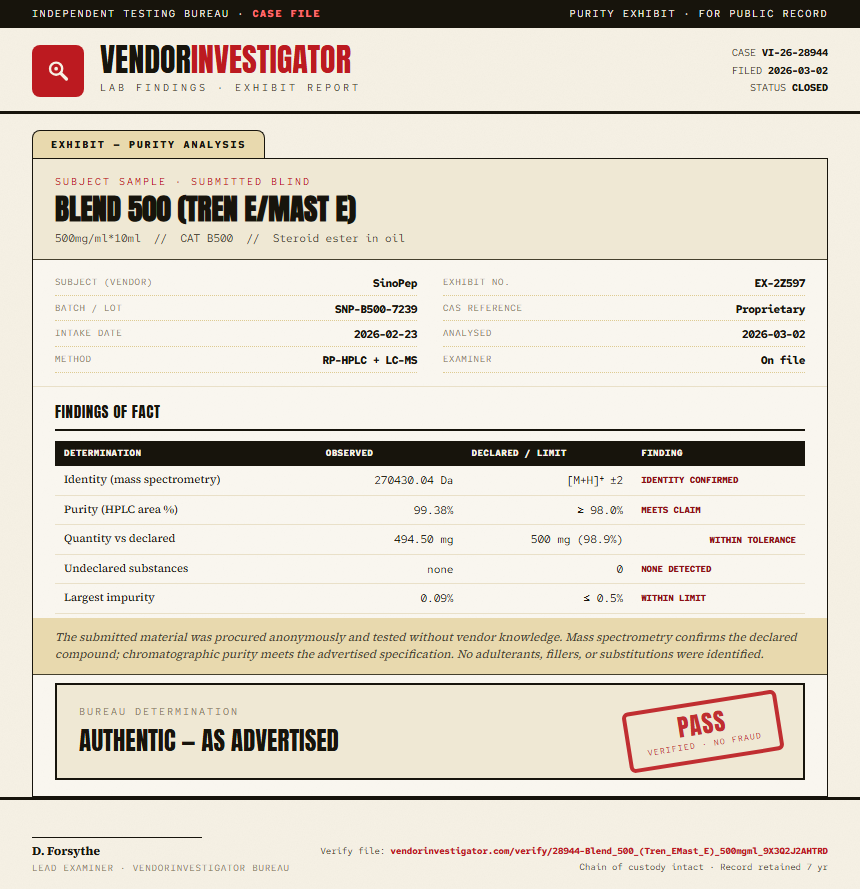 Blend 500 (Tren E/Mast E) Purity (HPLC) report by VendorInvestigator