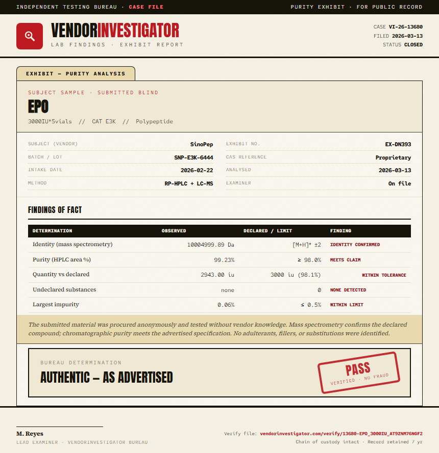 EPO Purity (HPLC) report by VendorInvestigator