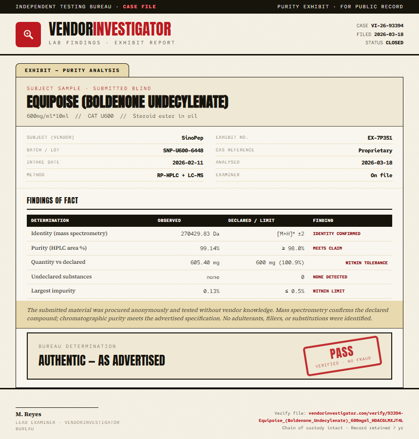 Equipoise (Boldenone Undecylenate) Purity (HPLC) report by VendorInvestigator