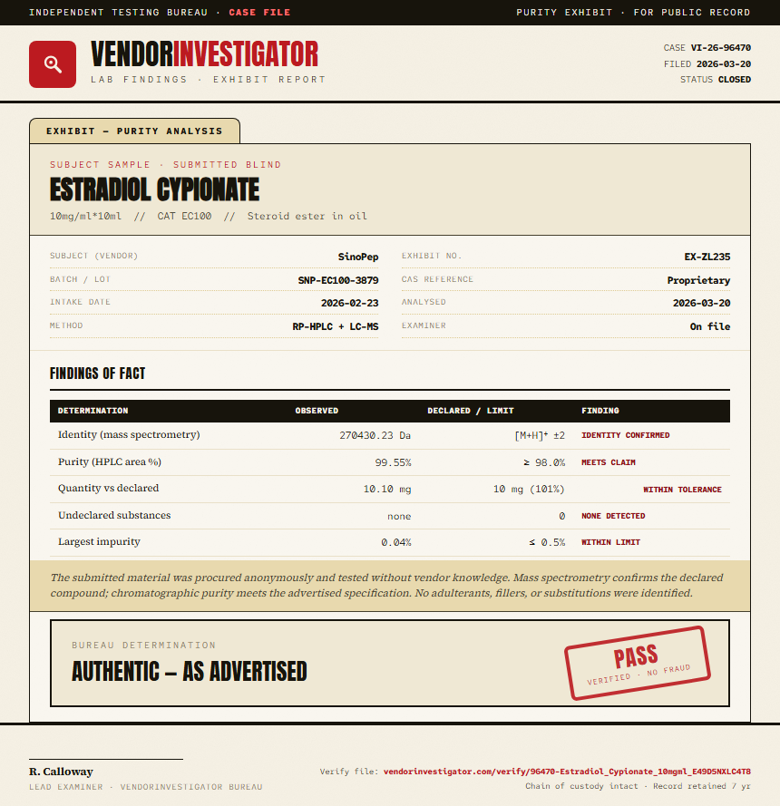 Estradiol Cypionate Purity (HPLC) report by VendorInvestigator