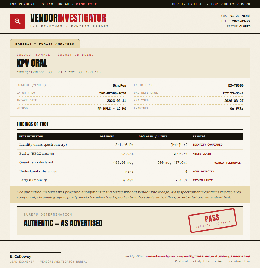 KPV Oral Purity (HPLC) report by VendorInvestigator