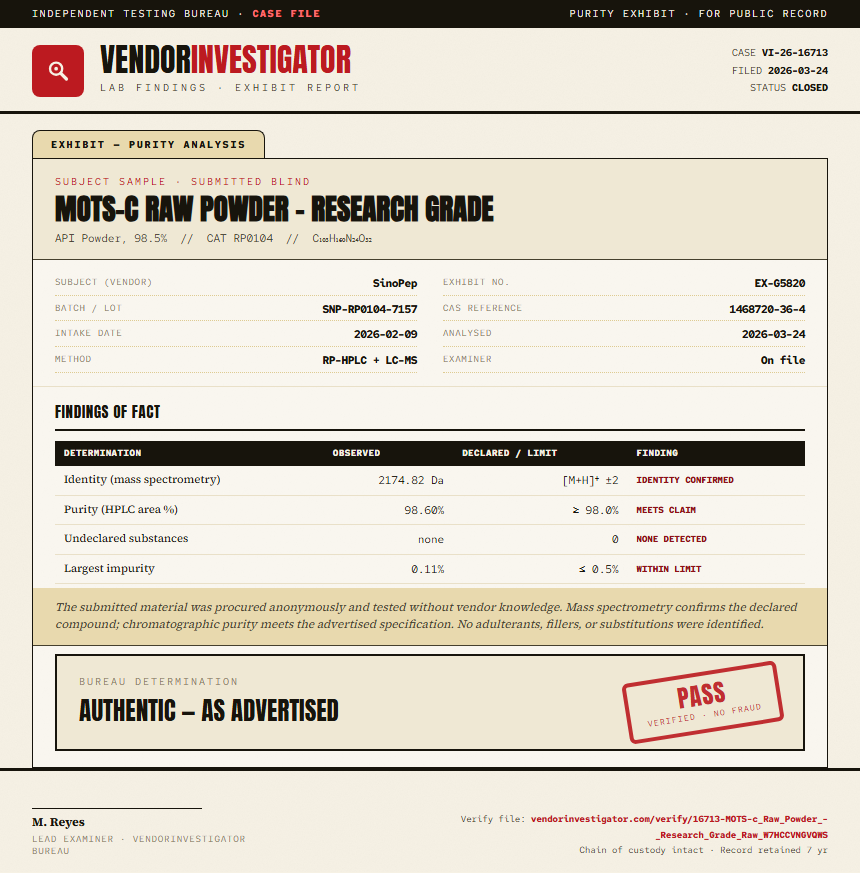MOTS-c Raw Powder - Research Grade Purity (HPLC) report by VendorInvestigator