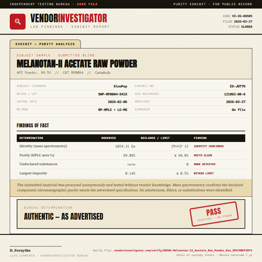 Melanotan-II Acetate Raw Powder Purity (HPLC) report by VendorInvestigator