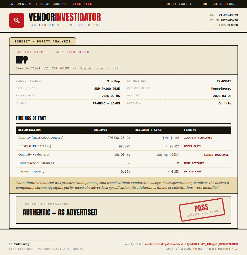 NPP Purity (HPLC) report by VendorInvestigator