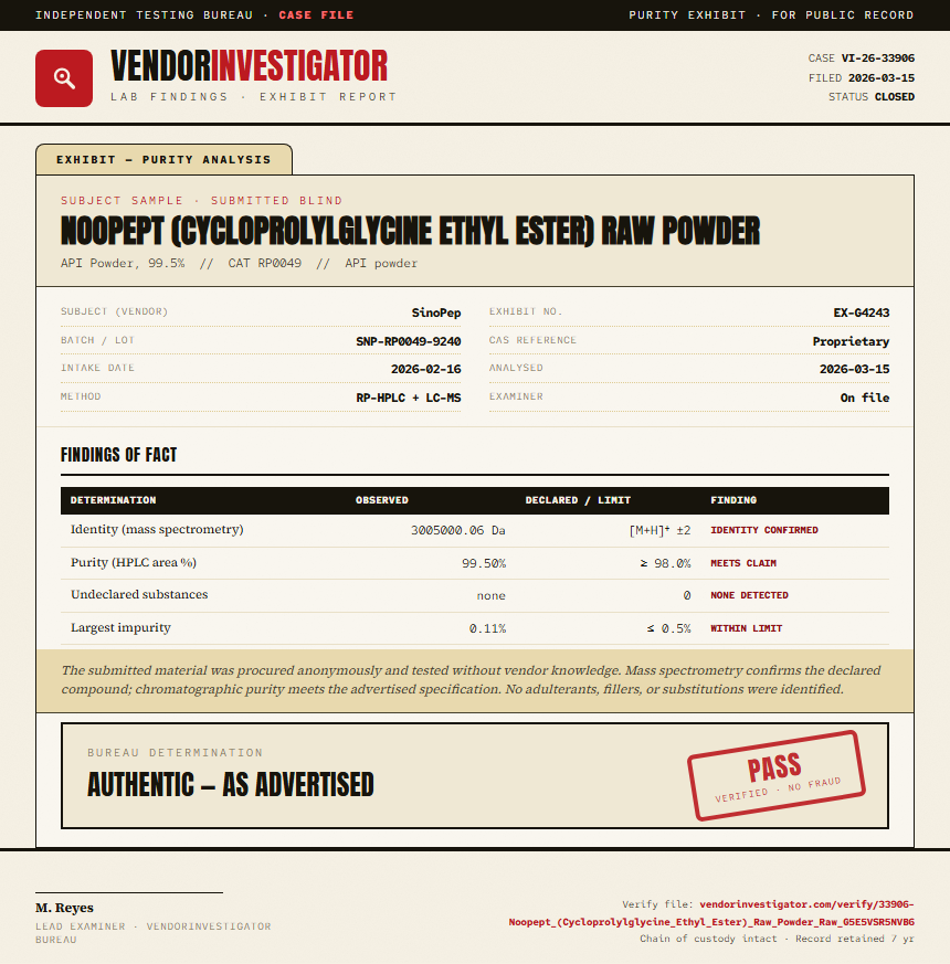 Noopept (Cycloprolylglycine Ethyl Ester) Raw Powder Purity (HPLC) report by VendorInvestigator