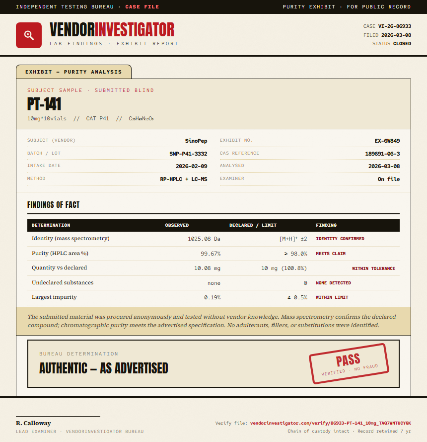 PT-141 Purity (HPLC) report by VendorInvestigator