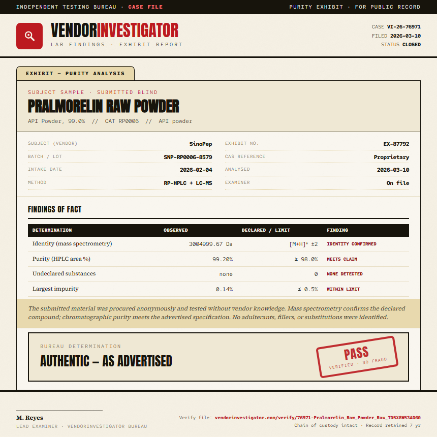 Pralmorelin Raw Powder Purity (HPLC) report by VendorInvestigator