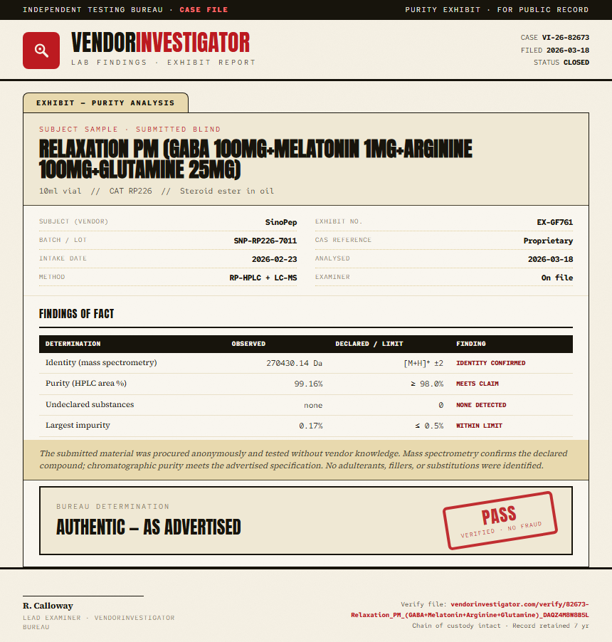 Relaxation PM (GABA 100mg+Melatonin 1mg+Arginine 100mg+Glutamine 25mg) Purity (HPLC) report by VendorInvestigator