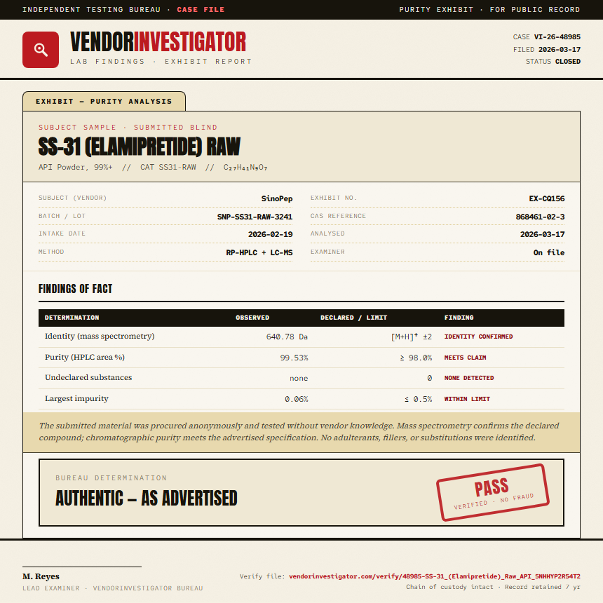 SS-31 (Elamipretide) Raw Purity (HPLC) report by VendorInvestigator