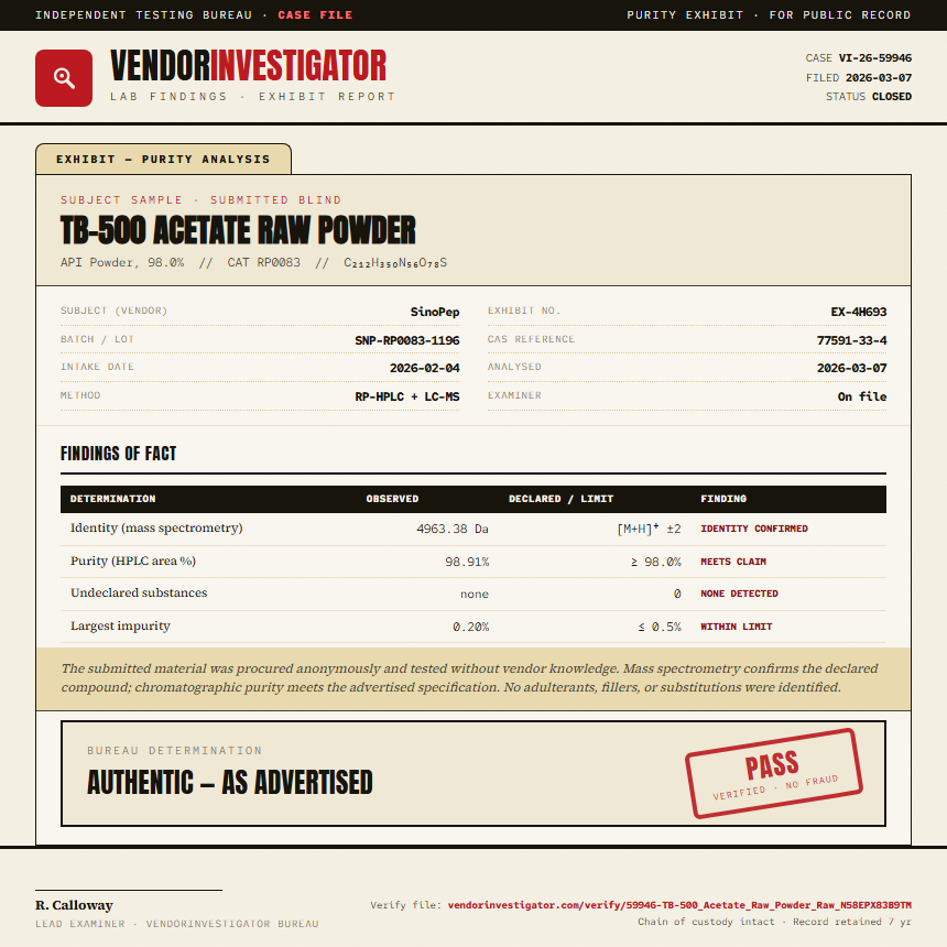 TB-500 Acetate Raw Powder Purity (HPLC) report by VendorInvestigator