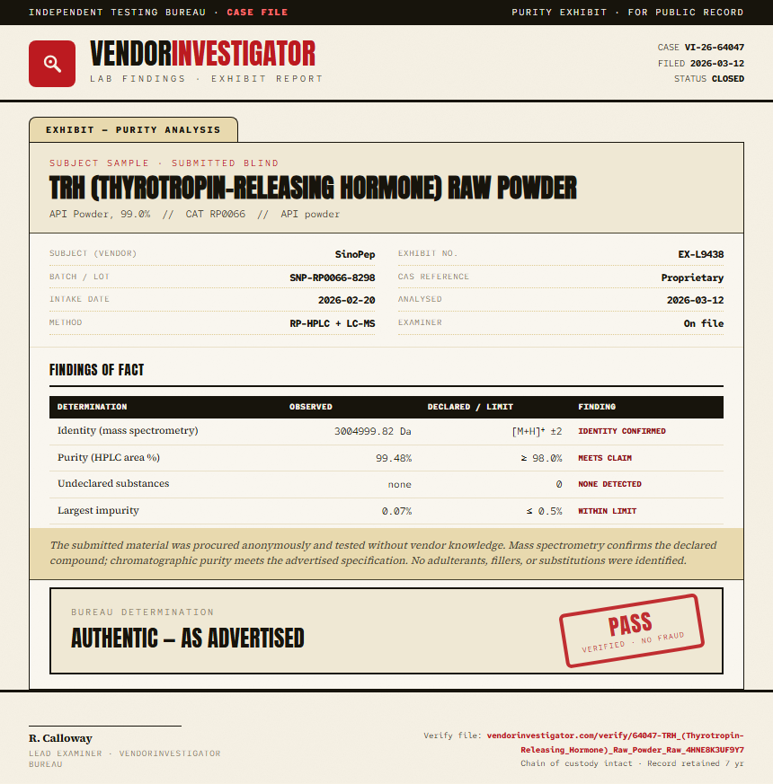 TRH (Thyrotropin-Releasing Hormone) Raw Powder Purity (HPLC) report by VendorInvestigator