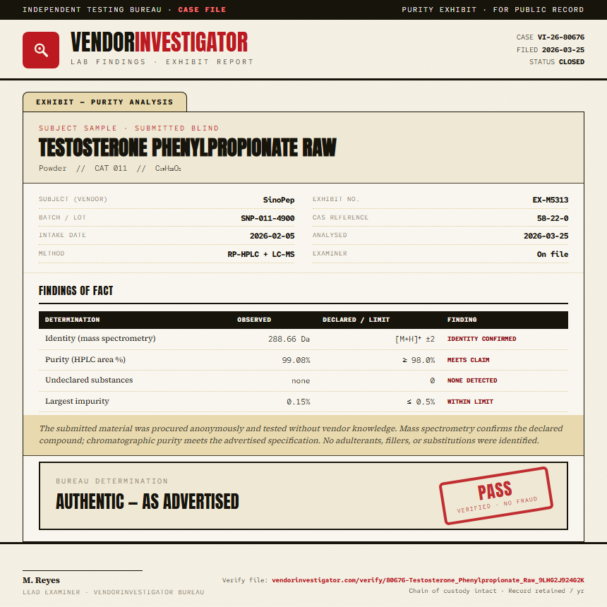 Testosterone Phenylpropionate Raw Purity (HPLC) report by VendorInvestigator