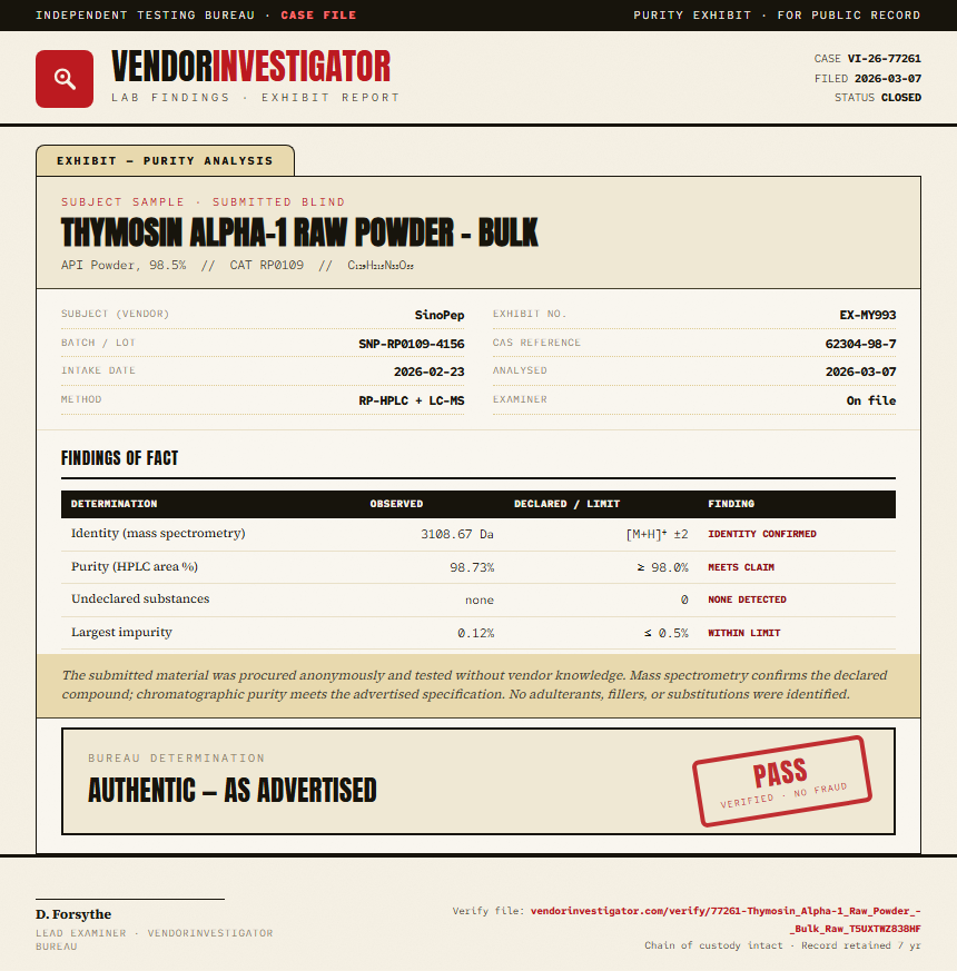 Thymosin Alpha-1 Raw Powder - Bulk Purity (HPLC) report by VendorInvestigator