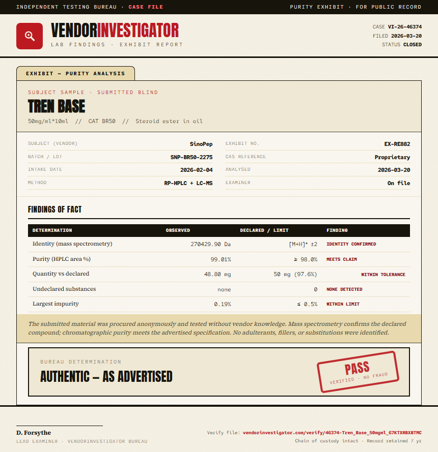 Tren Base Purity (HPLC) report by VendorInvestigator