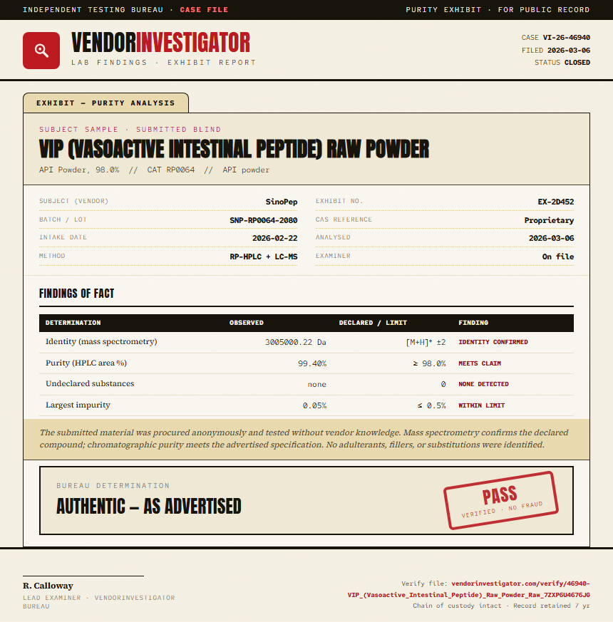 VIP (Vasoactive Intestinal Peptide) Raw Powder Purity (HPLC) report by VendorInvestigator