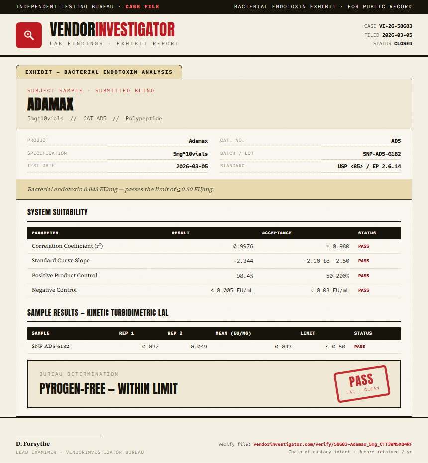 Adamax Endotoxin report by VendorInvestigator