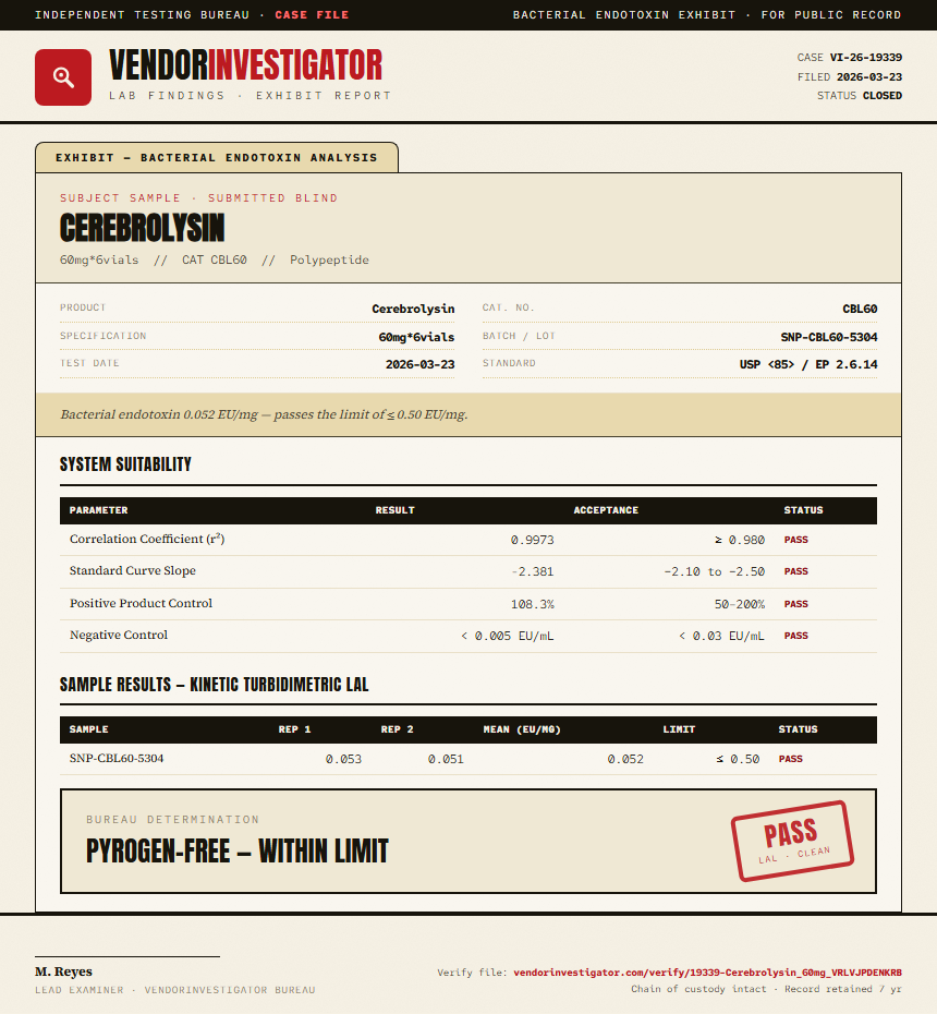 Cerebrolysin Endotoxin report by VendorInvestigator
