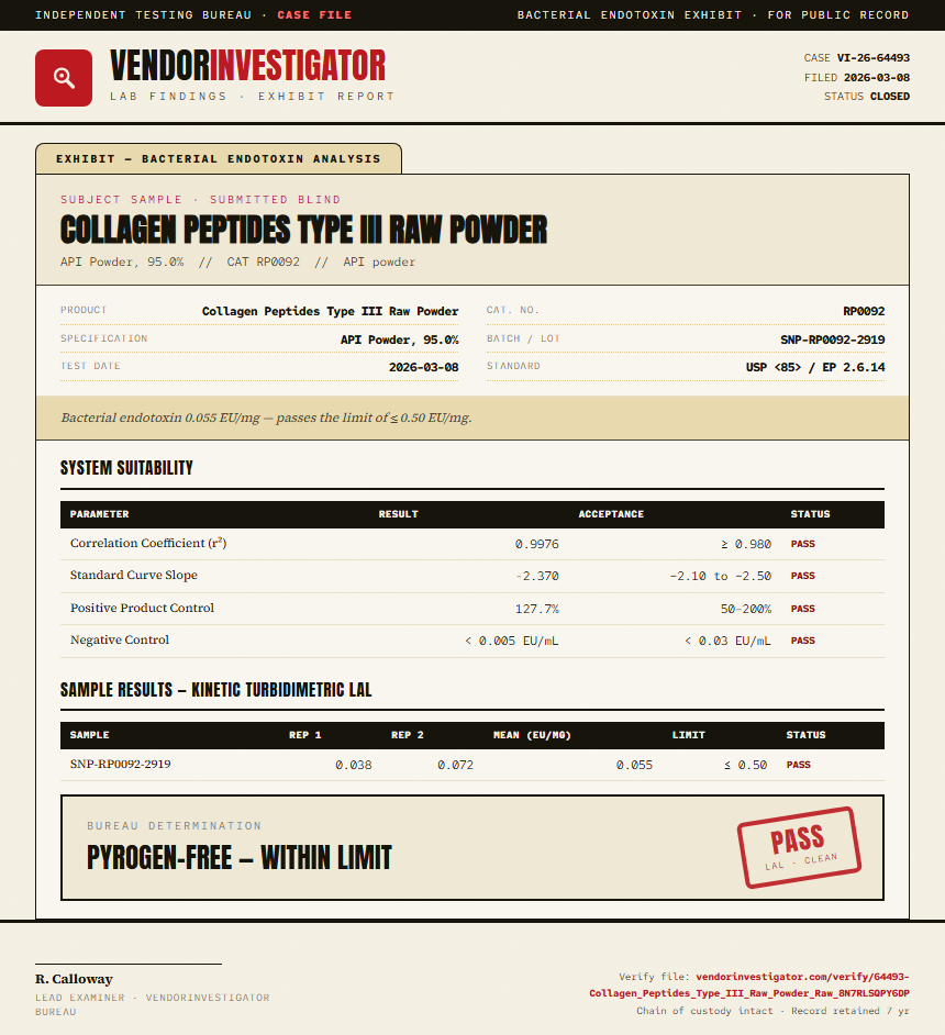 Collagen Peptides Type III Raw Powder Endotoxin report by VendorInvestigator