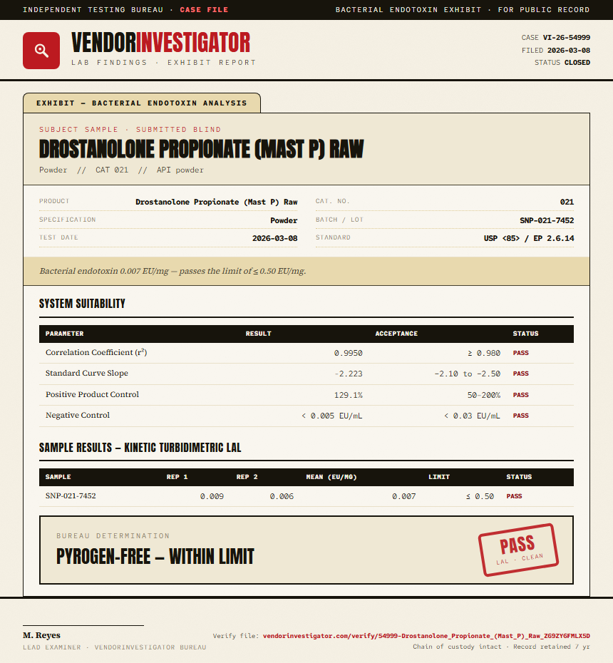 Drostanolone Propionate (Mast P) Raw Endotoxin report by VendorInvestigator