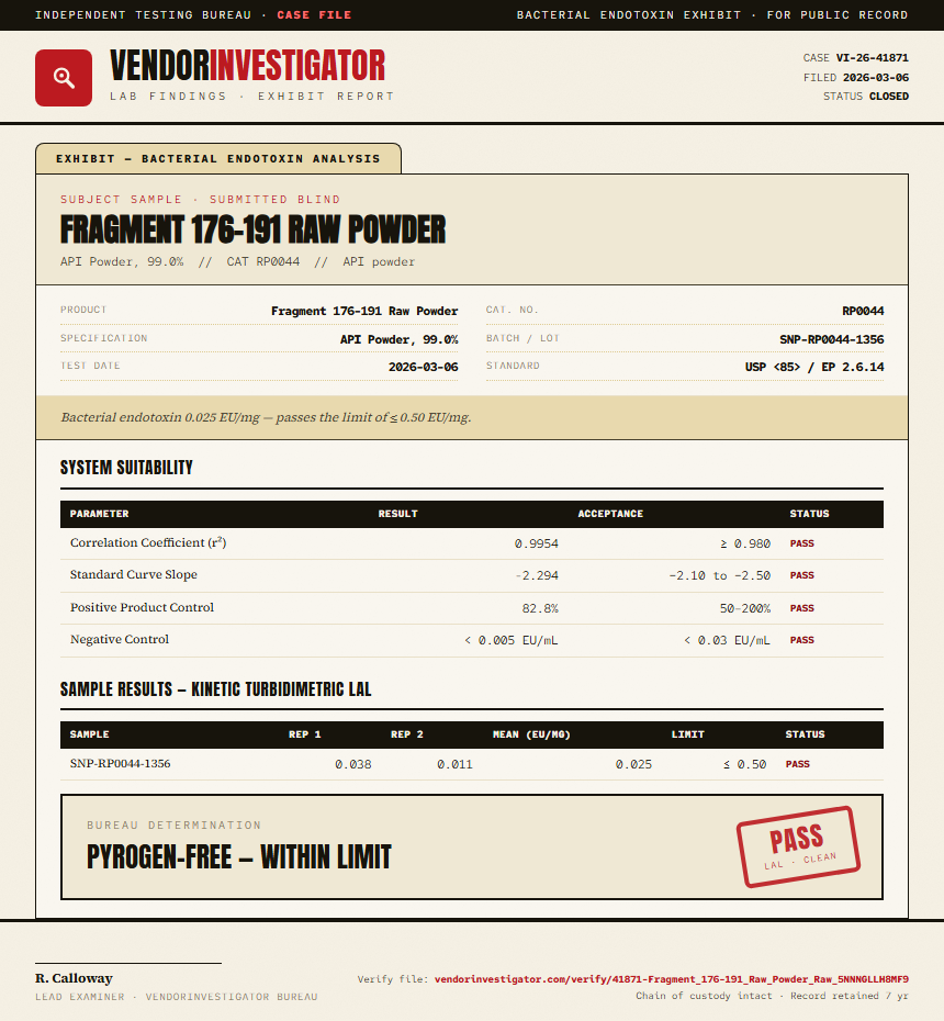 Fragment 176-191 Raw Powder Endotoxin report by VendorInvestigator