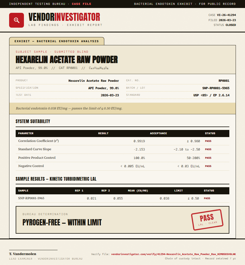 Hexarelin Acetate Raw Powder Endotoxin report by VendorInvestigator