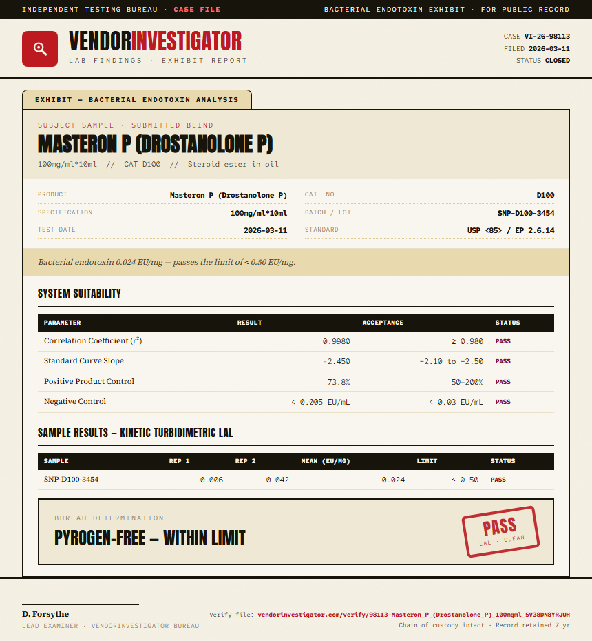 Masteron P (Drostanolone P) Endotoxin report by VendorInvestigator