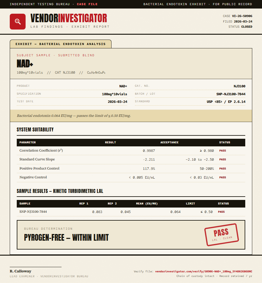 NAD+ Endotoxin report by VendorInvestigator